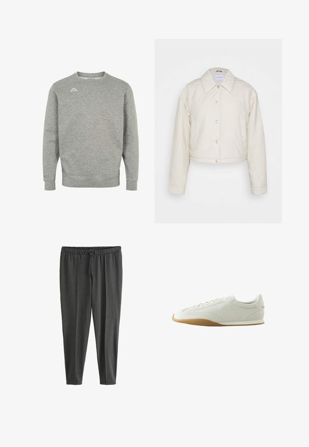 Calvin Klein Jeans CROPPED COACH JACKET - Kerge jope - eggshell; Helehall halli pikkade varrukatega pusa ümarakaelusega ning väike valge logo vasaku rinnatüki ülaosas.; Tumedat hõbedased, venivad vabamaadluspüksid, mis on valmistatud pehmest kangast; neil on elastne vöökoht nööriga ja kitsenevad sääred.; Valge madalama säärega toss pruunist kummist tallaga, õmblused, ees paelad ning külje peal tikkitud logo.