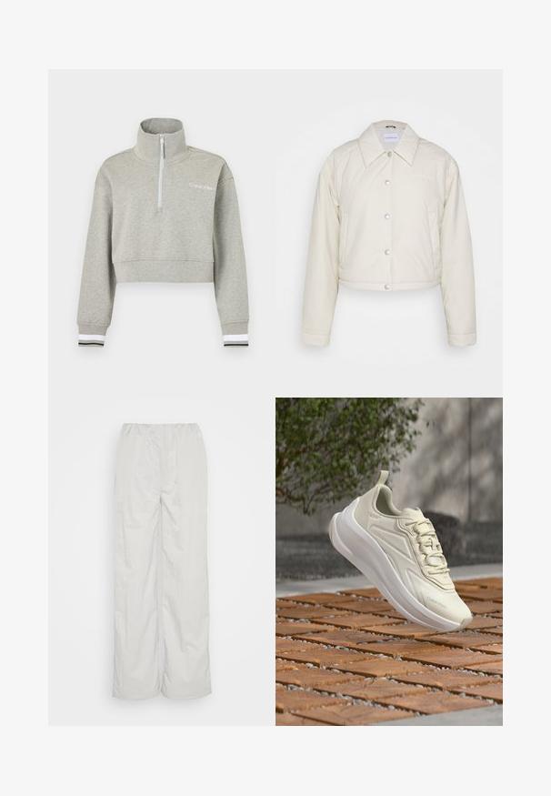 Calvin Klein Jeans CROPPED COACH JACKET - Veste mi-saison - eggshell; Sweatshirt gris clair court avec fermeture éclair sur le quart, col montant, logo Calvin Klein sur la poitrine et poignets rayés noir et blanc.; Pantalon gris clair avec une taille élastique, une coupe large et une texture lisse. Pas de motifs visibles ni de détails en métal.; Baskets Calvin Klein beige clair avec une semelle blanche épaisse, flottant au-dessus d'une surface en bois à motif, avec des feuilles vertes floues en arrière-plan.