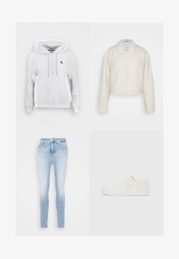 Calvin Klein Jeans CROPPED COACH JACKET - Overgangsjakke - eggshell; Hvid hættetrøje med snore foran og lille sort "cK" logo på venstre bryst, ribstrikkede manchetter og kant.; Lys blå, slidte skinny jeans med frontknap og lynlås, for- og baglommer, vist mod en hvid baggrund.; Hvid lavt snøresko med tyk sål og "cK"-logo på siden, snørebånd foran og minimalistisk design på neutral baggrund.