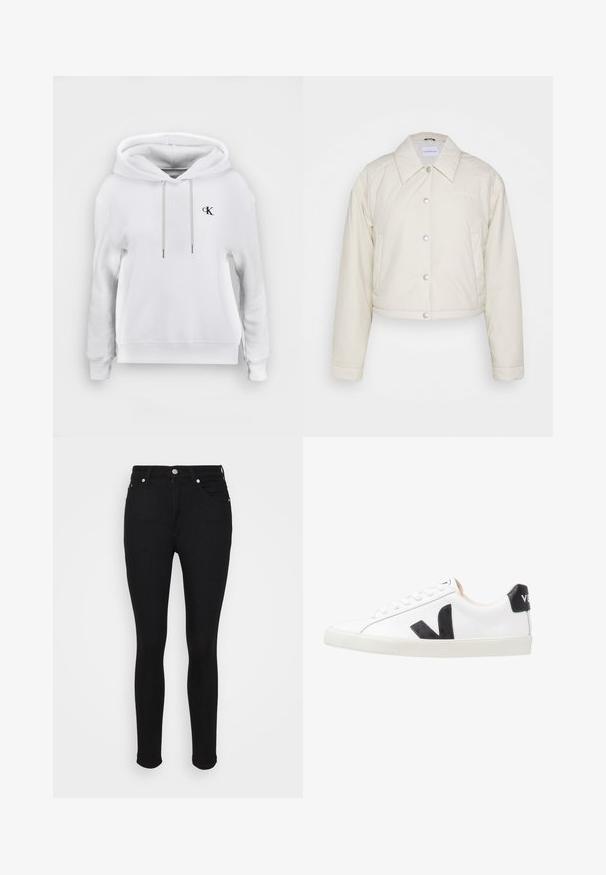 Calvin Klein Jeans CROPPED COACH JACKET - Chaqueta de entretiempo - eggshell; Sudadera blanca con capucha, cordones delanteros y pequeño logo negro de "cK" en el lado izquierdo del pecho, puños y bajo acanalados.; Pantalones vaqueros ajustados de tiro alto en negro, con botón delantero, cremallera y diseño de cinco bolsillos, exhibidos sobre un fondo blanco plano.; Zapatilla blanca con un logo en V negro, con una parte superior de cuero liso, puntera redonda, cierre de cordones y una lengüeta en el talón de color negro en contraste.