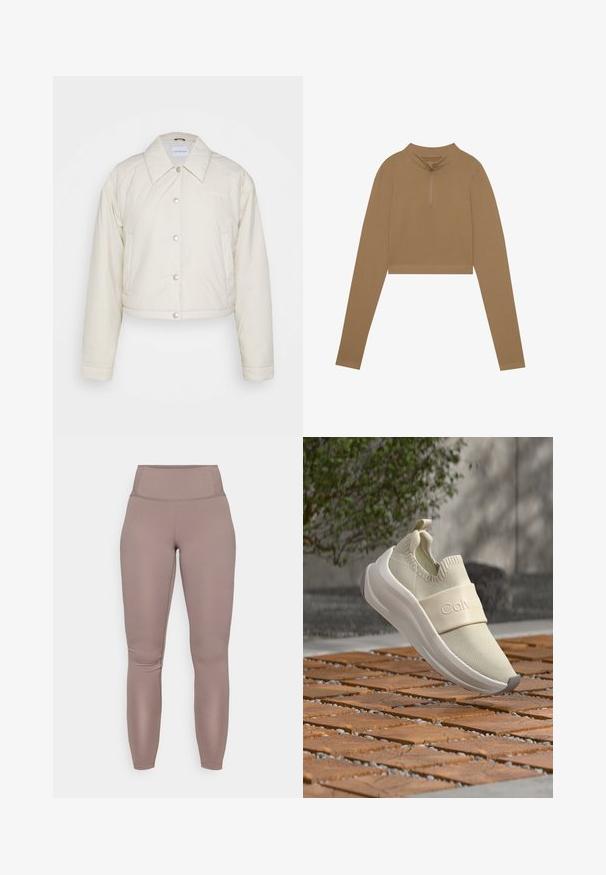 Calvin Klein Jeans CROPPED COACH JACKET - Veste mi-saison - eggshell; Haut marron, à manches longues et à coupe courte, avec un col montant et une demi-fermeture éclair. Fabriqué dans un tissu texturé, avec des manches ajustées et des détails de design minimalistes.; Leggings taille haute, ajustés au corps, de couleur taupe unie, avec un tissu lisse et extensible et un design propre et sans couture.; Chaussure de sport beige à enfiler avec une sangle élastique sur le dessus, en l'air au-dessus d'un pavement en briques marron avec un buisson vert et un mur gris en arrière-plan.
