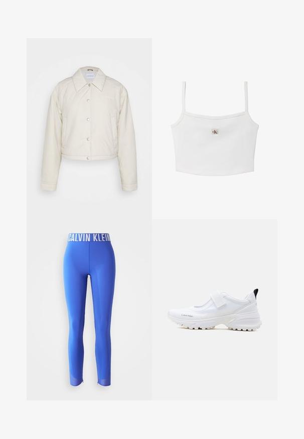 Calvin Klein Jeans CROPPED COACH JACKET - Chaqueta de entretiempo - eggshell; Camiseta blanca recortada con tirantes delgados y pequeño parche con el logo "ck" en rojo y negro centrado cerca del escote.; Leggings activos azules hechos de un material suave, con una ancha cinturilla de logo blanca y acentos de malla en la parte baja de la pierna con cremalleras.; Zapatilla blanca de Calvin Klein con suela gruesa y cierre de velcro, con una lengüeta negra en el talón y suela exterior texturizada para mejor tracción.