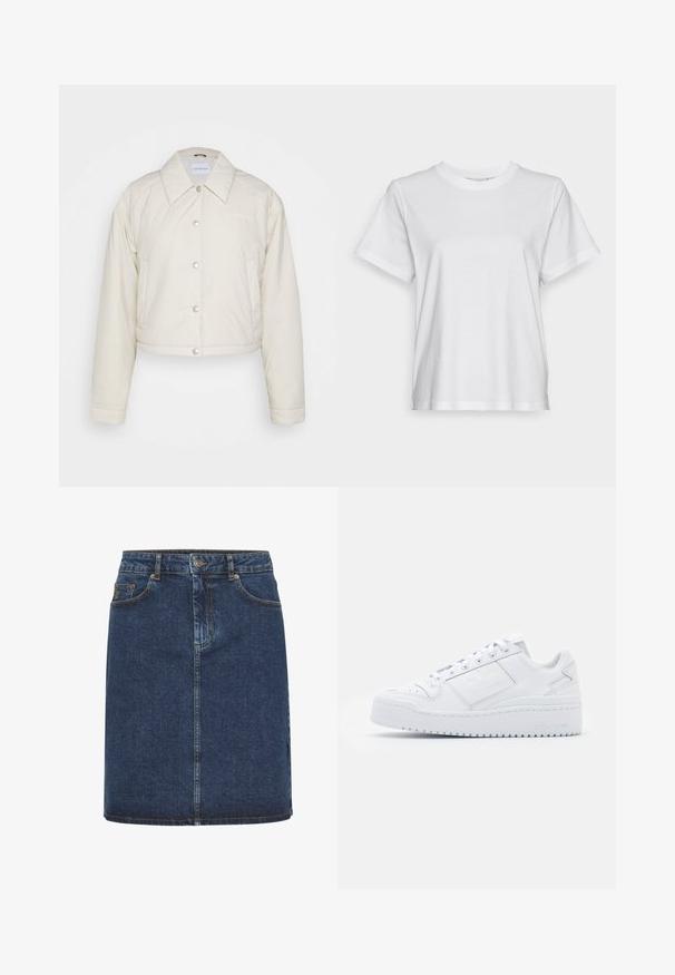 Calvin Klein Jeans CROPPED COACH JACKET - Chaqueta de entretiempo - eggshell; Camiseta de algodón blanca con mangas cortas, cuello redondo y un ajuste relajado. Textura suave, sin estampados ni gráficos, diseño básico.; Falda de mezclilla azul oscuro con corte recto, que cuenta con un cierre frontal de botones, trabillas para cinturón y dos bolsillos frontales. Textura suave y costuras visibles.; Zapatillas de cuero blanco con una textura suave, punta redonda, diseño de corte bajo, cordones y una suela de plataforma que presenta un sutil logo en el lado.
