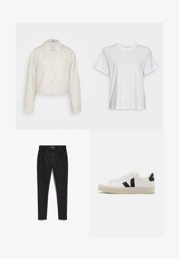 Calvin Klein Jeans CROPPED COACH JACKET - Übergangsjacke - eggshell; Weißes Baumwoll-T-Shirt mit kurzen Ärmeln, Rundhalsausschnitt und lässigem Schnitt. Glatte Textur, keine Muster oder Grafiken, einfaches Design.; Schwarze, schmale Jeans aus Denim; Fünf-Taschen-Design mit Reißverschluss und Knopfverschluss. Verfügt über eine subtile Textur und eine saubere, minimalistische Nahtführung.; Weißes Leder-Sneaker mit schwarzem Gummi-V-Logo. Strukturierte cremefarbene Sohle, weiße Schnürsenkel und Fersendetail in Schwarz mit dem Markennamen.