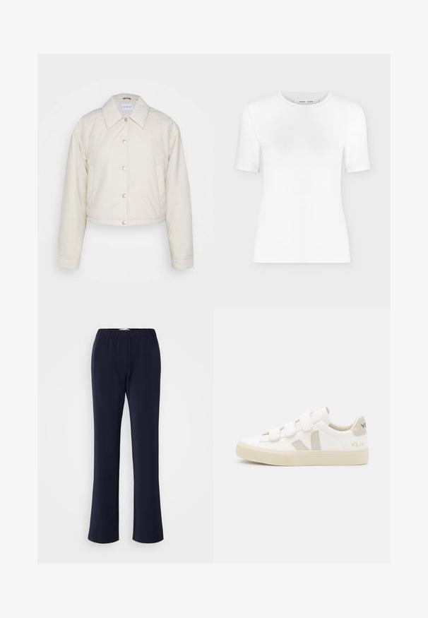 Calvin Klein Jeans CROPPED COACH JACKET - Ľahká bunda - eggshell; Biele tričko s krátkym rukávom a okrúhlym výstrihom, úzkym strihom a rebrovanou textúrou látky, zobrazené na jednoduchom svetlosivom pozadí.; Tmavomodré nohavice rovného strihu z elastickej látky s elastickým pásom a dvoma prednými vreckami. Hladká textúra, bez viditeľných vzorov.; Biele tenisky s velkro popruhmi, béžové semišové akcenty, textúrovaná gumová podrážka a šedé V logo. Minimalistický dizajn, zaoblený tvar.