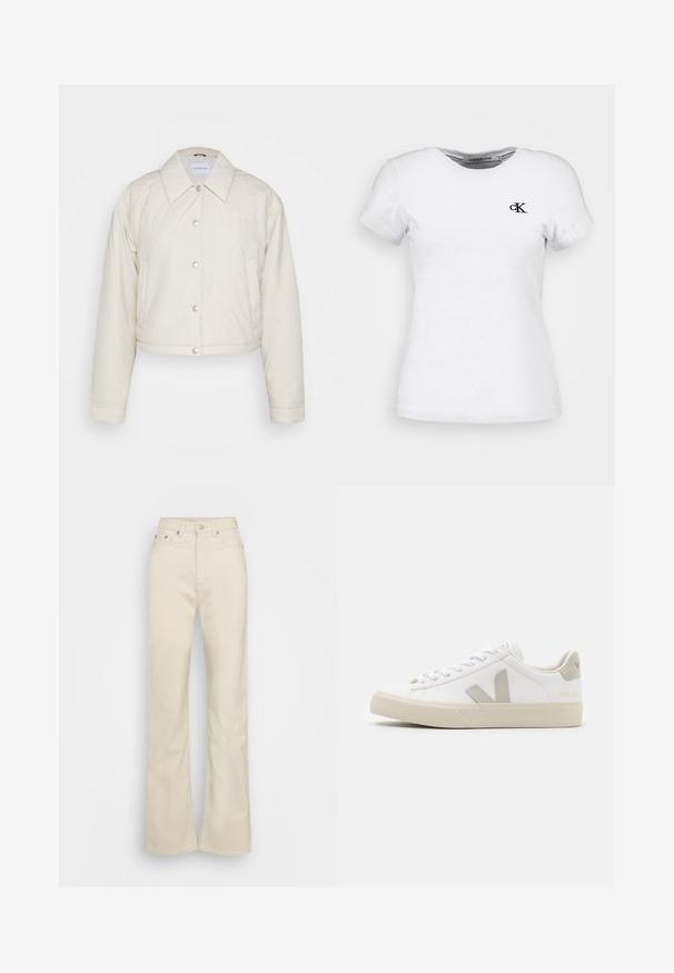 Calvin Klein Jeans CROPPED COACH JACKET - Ľahká bunda - eggshell; Biele priliehavé tričko s krátkym rukávom s malým čiernym logom Calvin Klein "cK" na ľavej strane hrudníka a okrúhlym výstrihom.; Weekday ROWE EXTRA HIGH - Džínsy s rovným strihom - ecru; Biele tenisky vyrobené z kože s šedými akcentmi vo forme V loga, textúrovaná gumová podrážka, biele šnúrky a polstrovaný jazyk a golier.