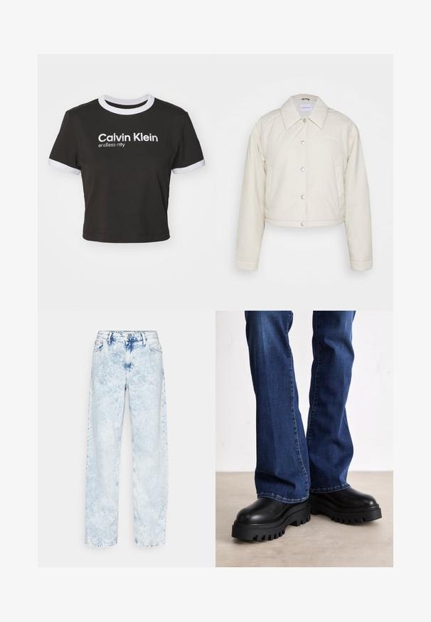Calvin Klein Jeans CROPPED COACH JACKET - Chaqueta de entretiempo - eggshell; Camiseta negra recortada con el cuello y las mangas en blanco. Presenta "Calvin Klein" y "ciudad infinita" impresos en blanco. Material de algodón suave.; Calvin Klein Jeans 90'S STRAIGHT - Vaqueros rectos - denim light; Botas de plataforma negras gruesas con suelas de goma texturizada, punta redondeada y parte superior de cuero suave, combinadas con jeans de campana azules.