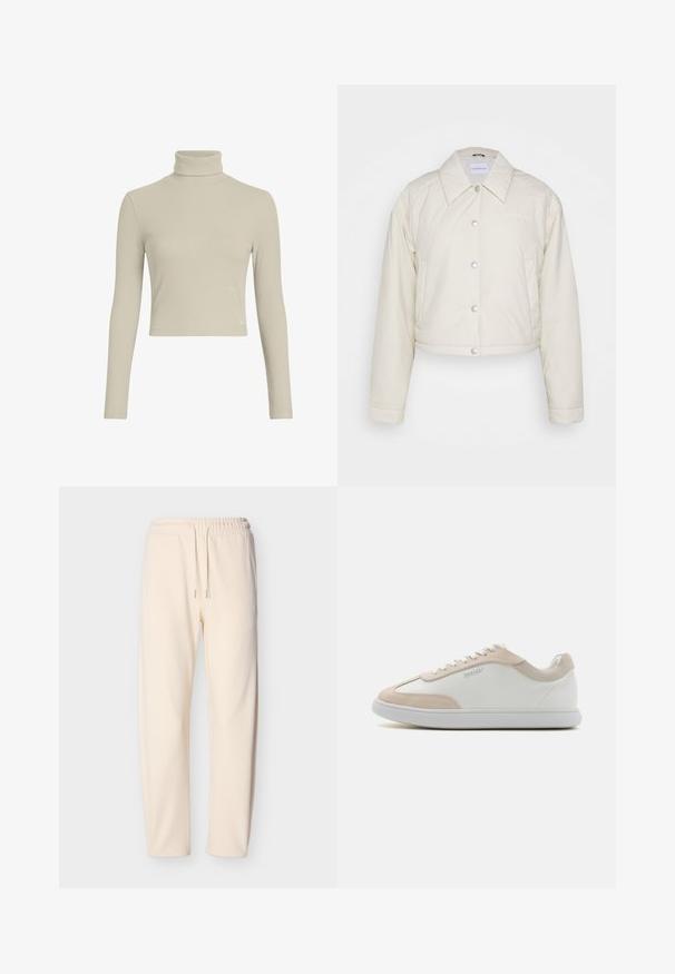Calvin Klein Jeans CROPPED COACH JACKET - Chaqueta de entretiempo - eggshell; Top de manga larga de cuello alto en color beige claro con un diseño ajustado. Presenta una etiqueta de logo sutil en el dobladillo. Textura suave.; Pantalones deportivos color crema hechos de tela suave, con cintura elástica con cordones y piernas ajustadas. Sin patrones ni acentos visibles.; Zapatillas de cuero blancas con detalles de ante beige y cordones blancos. Presentan una puntera redondeada y una suela acolchada para mayor comodidad.