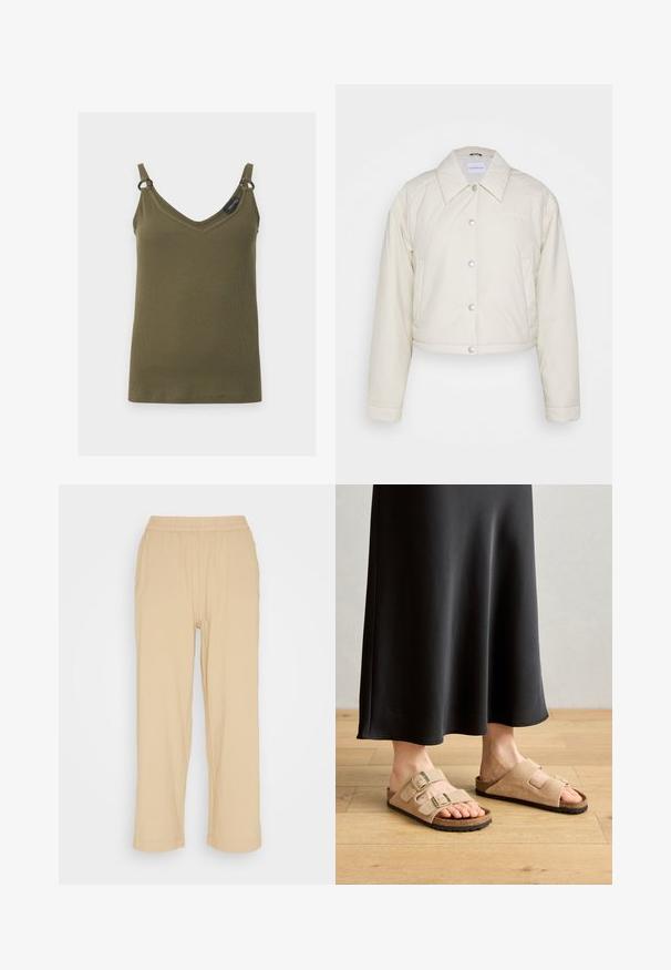 Calvin Klein Jeans CROPPED COACH JACKET - Kerge jope - eggshell; Khakiroheline soonikkoes topp V-kaeluse, õhukeste rihmade ja väikeste metallrõngastega, mis ühendavad rihmad topiga, näidatud lihtsal taustal.; Bež, kerge, lühendatud püksid elastse vöökohtaga. Omavad avarat istuvust ja sujuvat tekstuuri, sobivad igapäevaseks kandmiseks.; Heledad nahktaskud, millel on kaks reguleeritavat sangaga rihma, korkkreen ja kummitald, mille juurde on sobitatud must pikk seelik.