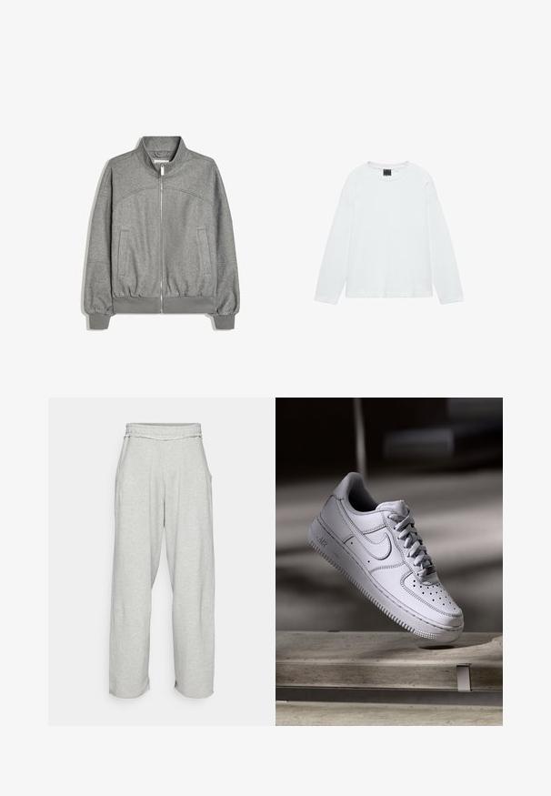 Grijze jas met ritssluiting, hoge kraag, lange mouwen, geribde boorden en zoom, en twee zijzakken, plat op een witte achtergrond gelegd.; Wit shirt met lange mouwen en ronde hals, rechte zoom en een zwart maatlabel aan de binnenkant van de kraag.; Lichtgrijze, wijde sweatpants met een elastische tailleband en zijzakken. Zachte textuur met rafelige zoomdetails bij de beenopeningen.; Witte Nike Air Force 1 sneaker van leer met geperforeerde neus, platte veters en een gestructureerde rubberen zool met "AIR"-logo aan de zijkant.