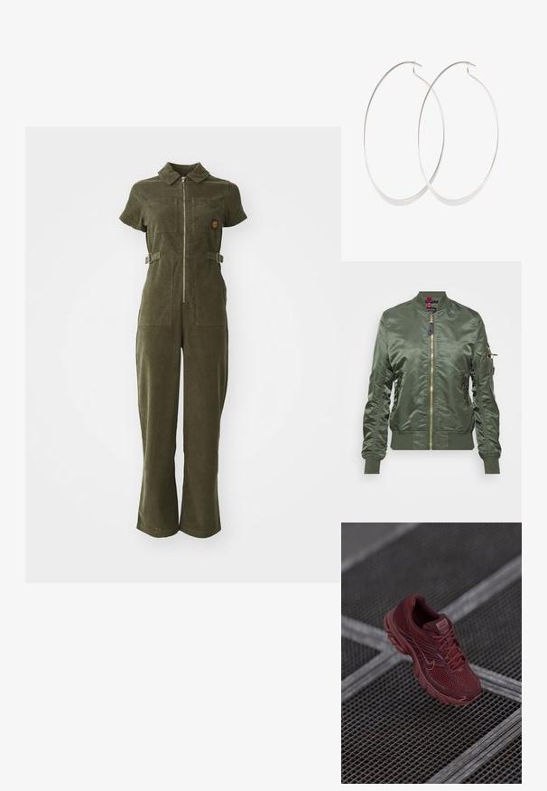 Oliven grøn bomberjakke lavet af skinnende, glat stof. Har guld lynlås, ribbede manchetter og kant, samt en lynlåslomme på ærmet.; Olivengrøn kordfløjl jumpsuit med lynlås foran, korte ærmer, to brystlommer og justerbare sidebånd. Bukser med flared ben.; Rød Nike løbesko med et mesh-overdel, tekstureret detaljering, polstret krave og tyk sål, placeret over en gitteroverflade.; Sølv hoops øreringe med et tyndt, glat design; langstrakt oval form; poleret finish; har en sikker krog lukning.