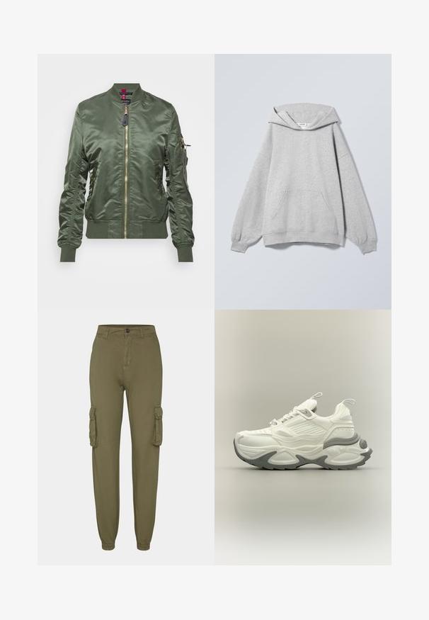 Veste bomber vert olive en tissu lisse et brillant. Dotée d'une fermeture éclair dorée, de bords-côtes aux poignets et à l'ourlet, ainsi que d'une poche zippée sur la manche.; Sweat à capuche gris clair avec manches longues, poche kangourou à l'avant, poignets côtelés et étiquette "Weekday" à l'intérieur du col.; Pantalons cargo vert olive en tissu doux, dotés de deux poches latérales, de poignets élastiques et d'une fermeture par bouton à l'avant.; Baskets épaisses blanches et grises avec semelle texturée, languettes de tir sur la languette et le talon, et design détaillé des panneaux sur la tige.