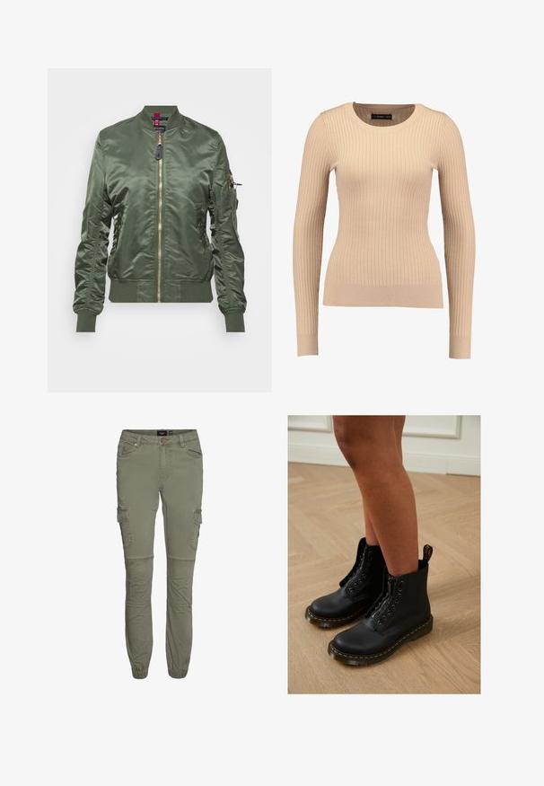 Oliven grøn bomberjakke lavet af skinnende, glat stof. Har guld lynlås, ribbede manchetter og kant, samt en lynlåslomme på ærmet.; Ribbet langærmet sweater i lys beige, lavet af strækbart stof. Har en rund halsudskæring og tætsiddende silhuet med ribbede manchetter.; Olivengrønne cargo bukser i en slidstærk bomuldsblanding med tætsiddende manchetter, flere lommer og knæfold for øget bevægelighed.; Sorte læder ankelstøvler med lynlås og snøredesign, der har gule stikninger og en tyk, struktureret sål.