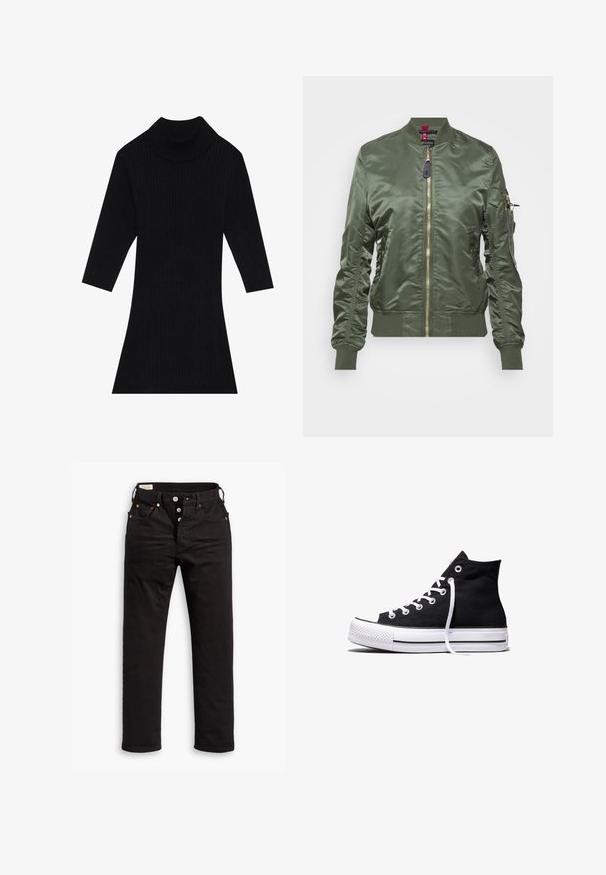 Veste bomber vert olive en tissu lisse et brillant. Dotée d'une fermeture éclair dorée, de bords-côtes aux poignets et à l'ourlet, ainsi que d'une poche zippée sur la manche.; Robe en tricot côtelé noir avec un col montant et des manches trois-quarts, présentant une silhouette ajustée qui s'évase au niveau de l'ourlet.; Jean noir à jambe droite avec fermeture à boutons, poches avant et arrière, et détails en rivets cuivrés sur fond blanc.; Baskets montantes en toile noire avec semelle en caoutchouc blanche et lacets blancs, vues de côté sur un fond blanc.