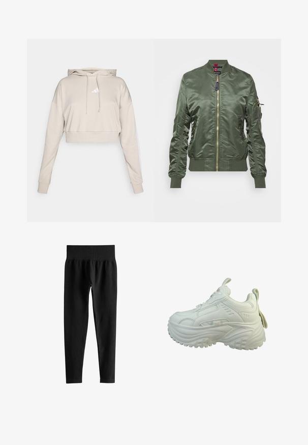Olijfgroene bomberjack gemaakt van glanzende, gladde stof. Heeft een gouden rits, ribgebreide manchetten en zoom, en een ritszak op de mouw.; Lichtbeige cropped sweatshirt met een capuchon, voorzien van een wit driehoekig logo en witte zijstrepen. Gemaakt van zacht, textuurstof.; Zwarte geribbelde leggings met hoge taille en brede elastische tailleband, smalle pasvorm over de volledige lengte, zonder zichtbare logo’s of patronen.; Witte chunky platform sneaker met dikke, gestructureerde zool, vetersluiting en aantreklussen op de tong en hiel, bekeken vanaf de buitenkant.