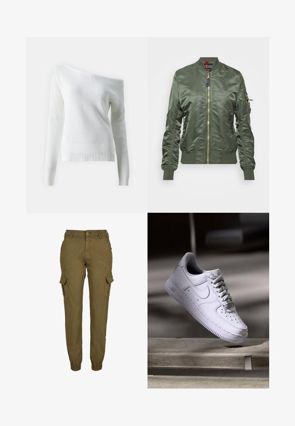 Veste bomber vert olive en tissu lisse et brillant. Dotée d'une fermeture éclair dorée, de bords-côtes aux poignets et à l'ourlet, ainsi que d'une poche zippée sur la manche.; Pull blanc à épaules dénudées en maille côtelée, doté de manches longues, d'un ourlet ajusté et d'un motif texturé sur l'ensemble.; Pantalons cargo vert olive avec poignets élastiques, plusieurs poches latérales et une fermeture à bouton. Fabriqués en tissu lisse, avec une coupe décontractée.; Baskets Nike Air Force 1 blanches lévitant au-dessus d'une surface en béton avec des ombres dans un cadre minimaliste.