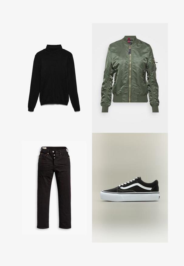 Veste bomber vert olive en tissu lisse et brillant. Dotée d'une fermeture éclair dorée, de bords-côtes aux poignets et à l'ourlet, ainsi que d'une poche zippée sur la manche.; Pull à col roulé noir en tissu tricoté. Comprend des manches longues, un col côtelé et une coupe décontractée. Aucune texture ou accent visible.; Jean noir à jambe droite avec fermeture à boutons, poches avant et arrière, et détails en rivets cuivrés sur fond blanc.; Baskets basses noires avec bande blanche latérale, lacets blancs, semelle en caoutchouc blanche et bout texturé sur fond neutre.