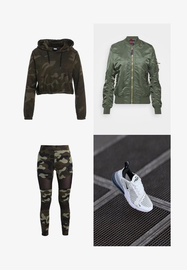 Olivová bomber bunda vyrobená z lesklého, hladkého materiálu. Obsahuje zlatý zips, ribbované manžety a lem, a zipsový vrecko na rukáve.; Zkrátená mikina s kapucňou v tmavom camouflage, sťahovacia šnúrka na kapucni, dlhé rukávy a elastický lem. Vyrobená z mäkkej, textúrovanej tkaniny.; Maskovacie legíny s priliehavým strihom, ktoré majú sieťované panely na kolenách a bokoch. Vyrobené z elastického materiálu v odtieňoch zelenej a čiernej.; Biele atletické tenisky s hornou časťou z prepájaného materiálu, čiernymi akcentmi a viditeľným vzduchovým vankúšikom v podošve. Obsahujú šnurovací dizajn a pútko.