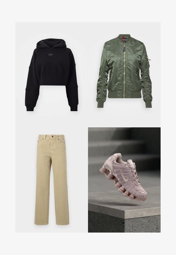 Chaqueta bomber de color verde oliva hecha de un tejido brillante y suave. Cuenta con un cierre de cremallera dorada, puños y dobladillo acanalados, y un bolsillo con cremallera en la manga.; Sudadera negra cortada en tejido suave con cintura de canalé, mangas de gran tamaño y un logo sutil centrado en el pecho.; Jeans beige de pierna ancha hechos de algodón suave con un diseño clásico de cinco bolsillos, bragueta con botones y costuras visibles a lo largo de las costuras y dobladillos.; Zapatillas Nike Air Max en color rosa claro, con parte superior de malla, lengüeta acolchada y una suela gruesa y transparente con diseño de ondas.