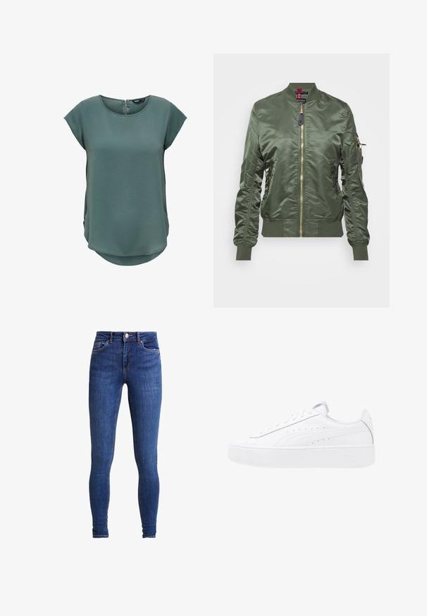Veste bomber vert olive en tissu lisse et brillant. Dotée d'une fermeture éclair dorée, de bords-côtes aux poignets et à l'ourlet, ainsi que d'une poche zippée sur la manche.; Haut vert à manches courtes en tissu texturé. Présente un col rond et une fermeture éclair discrète au dos, avec un ourlet légèrement arrondi.; Pieces PCDELLY - Jeans Skinny - medium blue denim; Baskets plateformes blanches avec tige en cuir, bout rond et fermeture à lacets. Présente des perforations sur les côtés et un logo discret au niveau du talon.