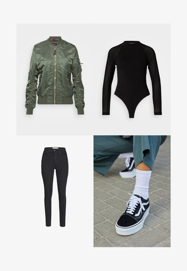 Olivová bomber bunda vyrobená z lesklého, hladkého materiálu. Obsahuje zlatý zips, ribbované manžety a lem, a zipsový vrecko na rukáve.; Čierny dlhý rukáv body s vysokým golierom, s pevným látkovým trupom a priehľadnými sieťovinovými rukávmi, navrhnuté v priliehavom strihu.; Čierne vysoké skinny džínsy vyrobené z denimu s hladkou textúrou, s predným zapínaním na gombík a dvoma prednými vreckami.; Čierne semišové tenisky s bielymi akcentmi a šnúrkami, s hrubou bielou podrážkou a kontrastným prešívaním, doplnené o bielu ponožku.