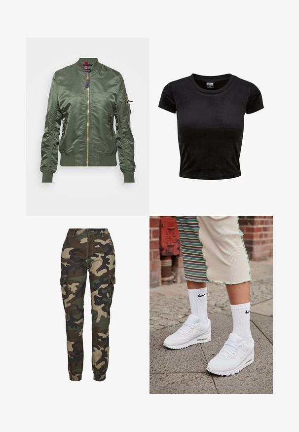 Oliven grøn bomberjakke lavet af skinnende, glat stof. Har guld lynlås, ribbede manchetter og kant, samt en lynlåslomme på ærmet.; Sort, kortærmet crop top lavet af blød, fløjlsagtig stof. Har en klassisk rund halsudskæring og et simpelt design uden mønstre eller pynt.; Kamuflage cargo bukser i nuancer af grøn, brun og sort; har elastiske manchetter, sidelommer og en sikker knaplukning.; Hvide Nike Air Max 90 sneakers med mesh og læderoverdel, der har en synlig luftenhed, parret med hvide ribbede sokker med sort logo.