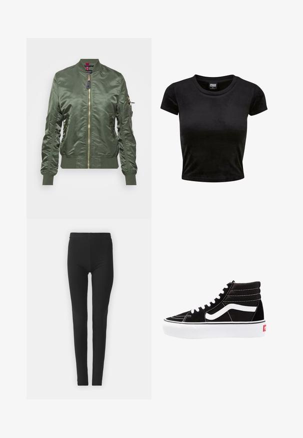 Chaqueta bomber de color verde oliva hecha de un tejido brillante y suave. Cuenta con un cierre de cremallera dorada, puños y dobladillo acanalados, y un bolsillo con cremallera en la manga.; Top corto negro de manga corta hecho de un tejido suave y aterciopelado. Presenta un clásico cuello redondo y un diseño simple sin patrones ni acentos.; Leggings negros y elásticos con un ajuste ceñido, que cuentan con una cintura alta y una textura suave. Sin patrones visibles ni detalles de hardware.; Zapatillas altas negras con cordones blancos, un logo blanco y costuras en blanco que contrastan. Presentan una suela blanca gruesa y una parte superior de ante texturizado.