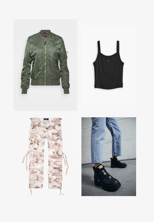 Ελαιόχρωμο bomber jacket φτιαγμένο από γυαλιστερό, λείο ύφασμα. Διαθέτει χρυσό φερμουάρ, ριμπ μανσέτες και στρίφωμα, καθώς και τσέπη με φερμουάρ στο μανίκι.; Μαύρο ριμπ κορμάκι με λεπτές τιράντες, που διαθέτει ένα μικρό κόκκινο λογότυπο Levi's στο κέντρο μπροστά και ευθεία γραμμή στα μανίκια.; Παντελόνια cargo σε καμουφλάζ με ροζ και μπεζ αποχρώσεις, από βαμβακερό υλικό, διαθέτοντας πολλές τσέπες και κορδόνια προσαρμογής στους αστραγάλους.; Μαύρα ψηλά αθλητικά παπούτσια με χοντρή σόλα, που διαθέτουν σχέδιο με κορδόνια, λογότυπα και κίτρινες ετικέτες. Φοριούνται με ανοιχτό μπλε cropped τζιν.