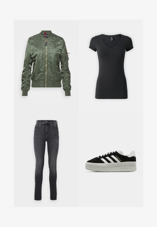 Veste bomber vert olive en tissu lisse et brillant. Dotée d'une fermeture éclair dorée, de bords-côtes aux poignets et à l'ourlet, ainsi que d'une poche zippée sur la manche.; T-shirt noir à manches courtes et col en V, fabriqué en tissu lisse et extensible, avec une coupe ajustée et un petit logo sur la poitrine gauche.; Jean skinny taille haute en denim gris foncé, texture lisse, avec poches avant et bouton en métal à la taille.; Baskets en daim noir avec des accents en cuir blanc, trois rayures blanches, lacets plats et une semelle épaisse en gris. Marquage doré "Gazelle".