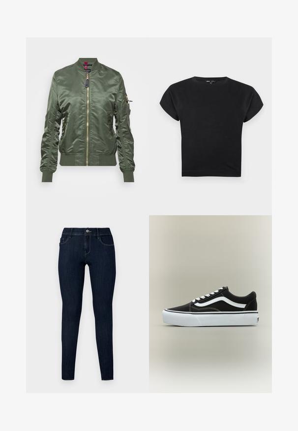 Ελαιόχρωμο bomber jacket φτιαγμένο από γυαλιστερό, λείο ύφασμα. Διαθέτει χρυσό φερμουάρ, ριμπ μανσέτες και στρίφωμα, καθώς και τσέπη με φερμουάρ στο μανίκι.; Μαύρο crop top με κοντά μανίκια, λαιμόκοψη crew, ελαφρώς επεκταμένους ώμους και στενή εφαρμογή σε λευκό φόντο.; Σκούρο μπλε skinny τζιν από ύφασμα τζιν, με κλείσιμο μπροστά με κουμπί, θηλάκια για ζώνη και τέσσερις τσέπες με ομαλή υφή.; Μαύρο αθλητικό παπούτσι χαμηλού τύπου με λευκή πλευρική ρίγα, λευκά κορδόνια, λευκή λαστιχένια σόλα και υφασμένη μύτη σε ουδέτερο φόντο.