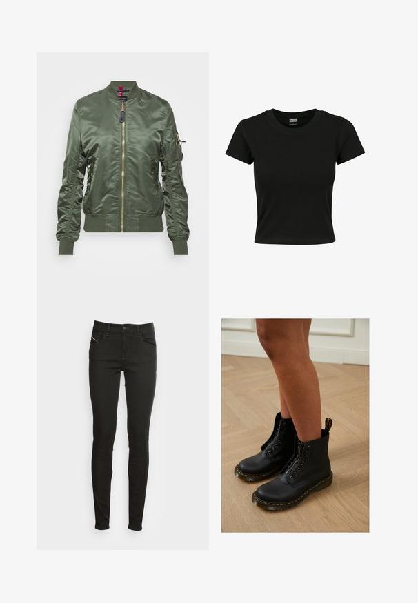 Olivová bomber bunda vyrobená z lesklého, hladkého materiálu. Obsahuje zlatý zips, ribbované manžety a lem, a zipsový vrecko na rukáve.; Čierne tričko s krátkym rukávom vyrobené z hladkého bavlneného materiálu, s okrúhlym výstrihom a priliehavým strihom. Bez viditeľných vzorov alebo akcentov.; Čierne slim-fit džínsy s prednými vreckami, pútkami na opasok, gombíkovým zapínaním a zipsom, zobrazené na bielom pozadí.; Čierne kožené členkové čižmy so zipsom a šnurovacím dizajnom, s žltými stehmi a hrubou, textúrovanou podrážkou.