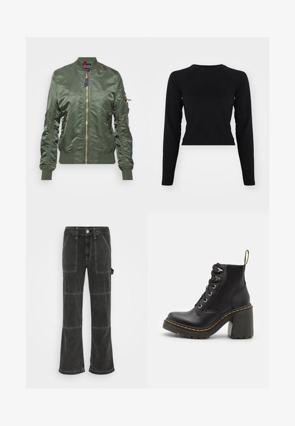 Veste bomber vert olive en tissu lisse et brillant. Dotée d'une fermeture éclair dorée, de bords-côtes aux poignets et à l'ourlet, ainsi que d'une poche zippée sur la manche.; Crop top noir à manches longues avec un col rond et des manches raglan. Texture lisse, design minimaliste et sans motifs ni éléments métalliques visibles.; BDG Urban Outfitters UTILITY SKATE - Jean boyfriend - washed black; Bottine en cuir noir avec un talon haut chunky, un laçage à l'avant, des œillets en métal et une couture jaune le long de la semelle. Semelle en caoutchouc texturé.