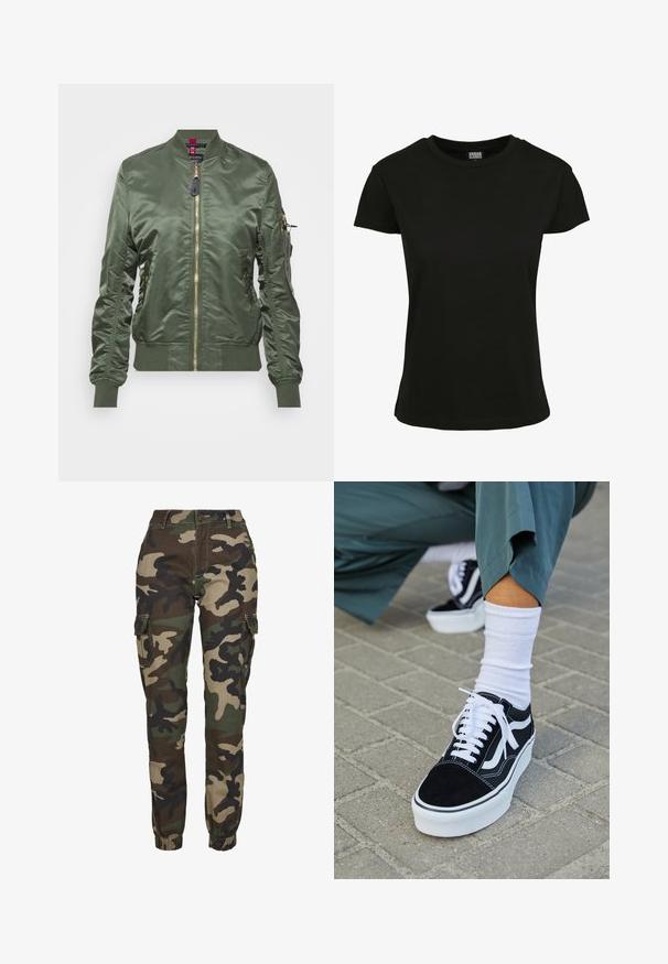 Olijfgroene bomberjack gemaakt van glanzende, gladde stof. Heeft een gouden rits, ribgebreide manchetten en zoom, en een ritszak op de mouw.; Zwarte t-shirt met korte mouwen, gemaakt van katoen. Heeft een ronde hals en een standaard pasvorm met een gladde textuur. Geen zichtbare patronen of accenten.; Camo cargo pants in tinten van groen, bruin en zwart; voorzien van elastische boorden, zijvakken en een veilige knoopsluiting.; Zwarte suède sneaker met witte accenten en veters, uitgerust met een dikke witte zool en contrasterende stiksels, gecombineerd met een witte sok.