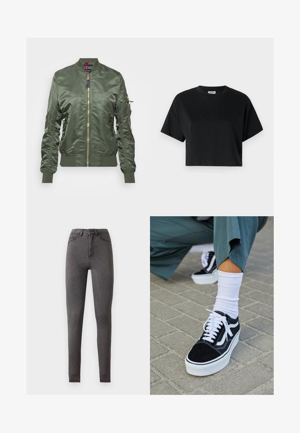 Veste bomber vert olive en tissu lisse et brillant. Dotée d'une fermeture éclair dorée, de bords-côtes aux poignets et à l'ourlet, ainsi que d'une poche zippée sur la manche.; T-shirt noire courte avec manches courtes, col rond, fabriquée en coton lisse, avec un design minimaliste et des détails de couture subtils.; Jean slim gris foncé taille haute en denim, avec poches devant et derrière, fermeture par boutons et détails de couture visibles.; Baskets en suède noir avec des accents et des lacets blancs, présentant une épaisse semelle blanche et des coutures contrastantes, associées à une chaussette blanche.