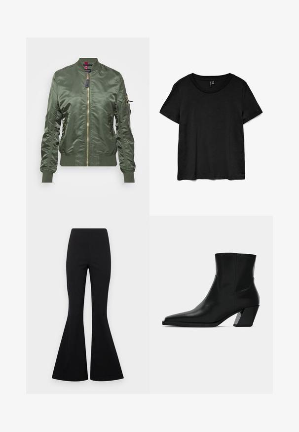 Veste bomber vert olive en tissu lisse et brillant. Dotée d'une fermeture éclair dorée, de bords-côtes aux poignets et à l'ourlet, ainsi que d'une poche zippée sur la manche.; T-shirt noir à manches courtes en tissu doux. Il présente un col rond classique et une coupe décontractée avec un ourlet droit.; Pantalons noirs évasés en tissu extensible avec une texture lisse, présentant une taille haute et des jambes évasées en forme de cloche.; Bottine en cuir noir avec un bout pointu, une silhouette élégante et un talon carré massif. Texture lisse avec des détails de couture minimalistes.