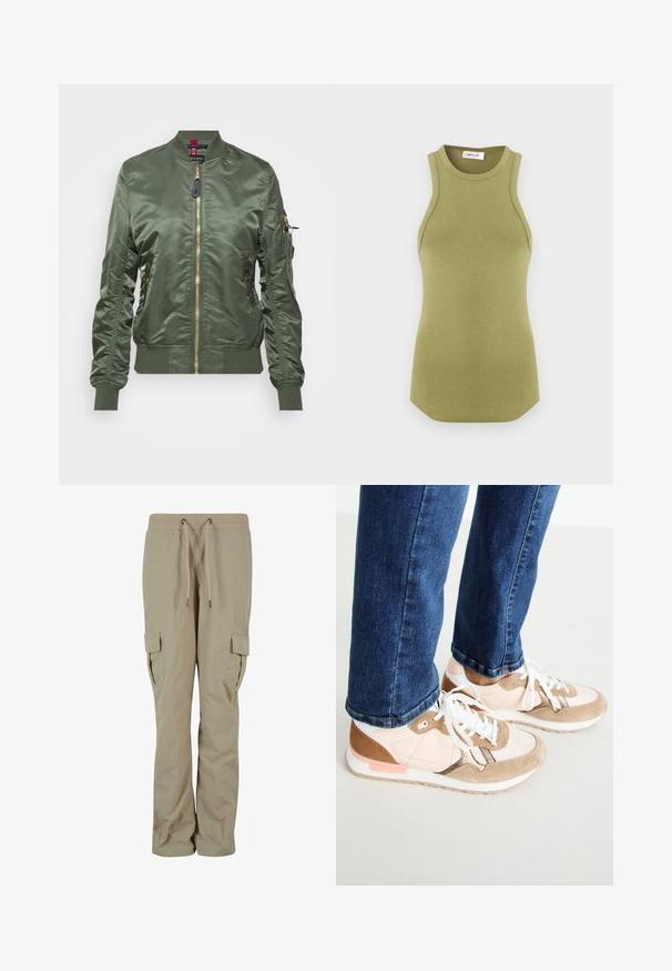 Chaqueta bomber de color verde oliva hecha de un tejido brillante y suave. Cuenta con un cierre de cremallera dorada, puños y dobladillo acanalados, y un bolsillo con cremallera en la manga.; Top de tirantes sin mangas de punto acanalado en verde oliva con escote redondo y dobladillo ligeramente curvado, extendido sobre un fondo blanco.; Pantalones cargo beige hechos de tejido ligero, con una cintura ajustable, bolsillos laterales y un corte relajado para mayor comodidad.; Zapatillas con una mezcla de piel en color rosa empolvado y ante beige, con cordones blancos, una entresuela blanca y una suela de goma texturizada. Jeans de mezclilla ligeramente recortados por encima del zapato.