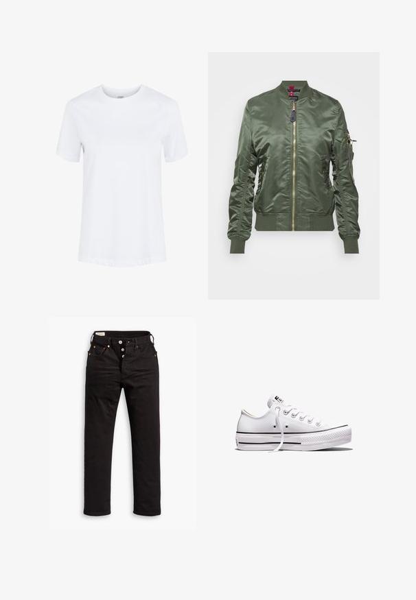 Ελαιόχρωμο bomber jacket φτιαγμένο από γυαλιστερό, λείο ύφασμα. Διαθέτει χρυσό φερμουάρ, ριμπ μανσέτες και στρίφωμα, καθώς και τσέπη με φερμουάρ στο μανίκι.; Λευκό βαμβακερό T-shirt με κοντό μανίκι, στρογγυλή λαιμόκοψη και διπλωμένα τελειώματα στα μανίκια, εμφανιζόμενο σε απλό λευκό φόντο.; Μαύρα ψηλόμεσα τζιν παντελόνια με κουμπιά, μπροστινές και πίσω τσέπες, και λεπτομέρειες από χαλκό σε λευκό φόντο.; Λευκό αθλητικό παπούτσι χαμηλής κοπής από καμβά με λευκά κορδόνια, λαστιχένια σόλα, μαύρες ρίγες και λογότυπο στην γλώσσα και στη φτέρνα.