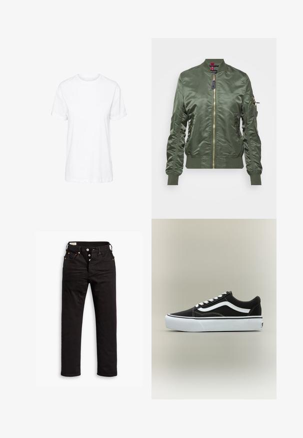 Veste bomber vert olive en tissu lisse et brillant. Dotée d'une fermeture éclair dorée, de bords-côtes aux poignets et à l'ourlet, ainsi que d'une poche zippée sur la manche.; T-shirt en coton blanc avec des manches courtes, un col rond et une coupe décontractée, offrant une texture lisse et sans motifs visibles.; Jean noir à jambe droite avec fermeture à boutons, poches avant et arrière, et détails en rivets cuivrés sur fond blanc.; Baskets basses noires avec bande blanche latérale, lacets blancs, semelle en caoutchouc blanche et bout texturé sur fond neutre.