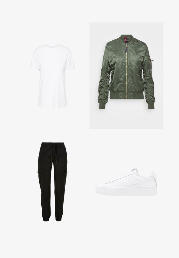 Ελαιόχρωμο bomber jacket φτιαγμένο από γυαλιστερό, λείο ύφασμα. Διαθέτει χρυσό φερμουάρ, ριμπ μανσέτες και στρίφωμα, καθώς και τσέπη με φερμουάρ στο μανίκι.; Λευκό μπλουζάκι από βαμβάκι με κοντά μανίκια, στρογγυλή λαιμόκοψη και άνετη εφαρμογή, με λεία υφή και χωρίς ορατά σχέδια.; Μαύρο παντελόνι cargo με ελαστική μέση, κορδόνι για σφίξιμο και πλαϊνές τσέπες. Κατασκευασμένο από απαλό υλικό με μανσέτες στους αστραγάλους.; Λευκά αθλητικά παπούτσια με λευκή δερμάτινη επένδυση, στρογγυλή μύτη και κορδόνια. Διαθέτουν πλευρικές περφορέ και διακριτική επωνυμία στη φτέρνα.