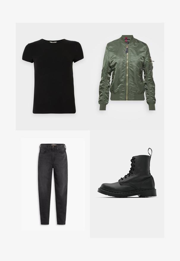 Olivengrüne Bomberjacke aus glänzendem, glattem Stoff. Verfügt über einen goldenen Reißverschluss, Rippbündchen und Saum sowie eine Reißverschlusstasche am Ärmel.; Schwarzes T-Shirt mit kurzen Ärmeln und Rundhalsausschnitt, aus glattem Baumwollstoff, mit einem schlichten Design und ohne sichtbare Muster oder Akzente.; Schwarze hochgeschnittene Slim-Fit-Jeans mit Vorder- und Gesäßtaschen, Knopfverschluss und Gürtelschlaufen, auf einem weißen Hintergrund präsentiert.; Schwarzer Lederkampfstiefel mit runder Zehenpartie, Schnürung vorne und einer Zuglasche am Knöchel. Verfügt über eine dicke Gummisohle für Langlebigkeit.