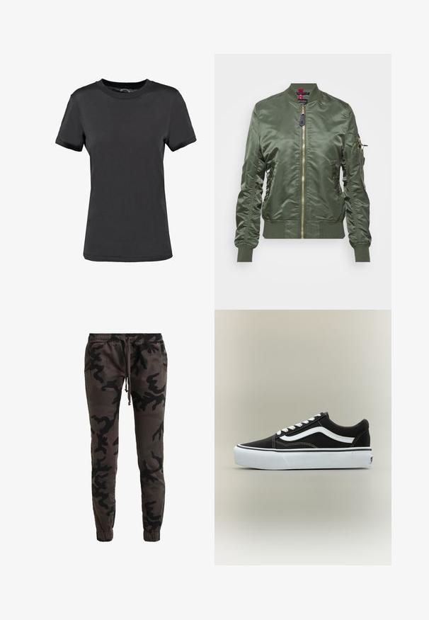 Ελαιόχρωμο bomber jacket φτιαγμένο από γυαλιστερό, λείο ύφασμα. Διαθέτει χρυσό φερμουάρ, ριμπ μανσέτες και στρίφωμα, καθώς και τσέπη με φερμουάρ στο μανίκι.; Μαύρο κοντομάνικο μπλουζάκι από απαλό ύφασμα. Διαθέτει στρογγυλή λαιμόκοψη χωρίς ορατά σχέδια ή λεπτομέρειες, προσφέροντας έναν απλό σχεδιασμό.; Παντελόνι jogger με σκούρο πράσινο και μαύρο καμουφλάζ μοτίβο, ελαστική μέση, κορδόνι, πλαϊνές τσέπες και ελαστικά μανίκια.; Μαύρο αθλητικό παπούτσι χαμηλού τύπου με λευκή πλευρική ρίγα, λευκά κορδόνια, λευκή λαστιχένια σόλα και υφασμένη μύτη σε ουδέτερο φόντο.