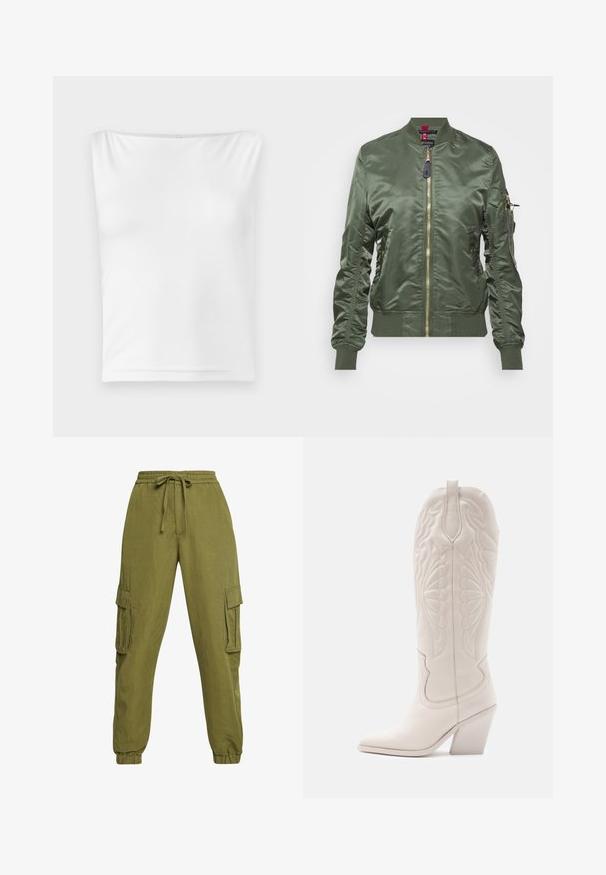 Veste bomber vert olive en tissu lisse et brillant. Dotée d'une fermeture éclair dorée, de bords-côtes aux poignets et à l'ourlet, ainsi que d'une poche zippée sur la manche.; Haut sans manches blanc avec un décolleté droit, fabriqué en tissu lisse, doté d'une silhouette ajustée et sans matériel visible ni motifs.; Pantalons cargo vert olive avec une taille élastique, un cordon de serrage et des poignets à la cheville. Comprend des poches latérales et une coupe décontractée et fuselée.; Bottine de cowboy en cuir blanc avec un bout pointu et un talon bloc. Présente des motifs de broderie complexes sur la tige et une texture lisse.