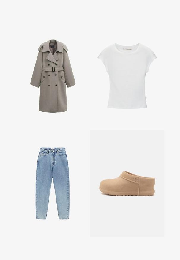 Langer grauer doppelte Reihen Knopfleiste Trenchcoat mit breiten Revers, Schulterklappen, tailliertem Gürtel und mit Knöpfen befestigten Klappentaschen.; Weißes Baumwoll-T-Shirt mit kurzen, aufgerollten Ärmeln, rundem Ausschnitt und geradem Saum. Glatte Textur ohne sichtbare Muster oder Akzente.; Helle blaue Jeans mit hochsitzt, geradem Bein und Kontrastnähten. Mit vorderen und hinteren Taschen sowie einem Knopfverschluss.; Hellbrauner Veloursleder-Schlupf-Clog mit niedrigem Absatz und UGG-Logo an der Seite, vor schlichten weißem Hintergrund gezeigt.