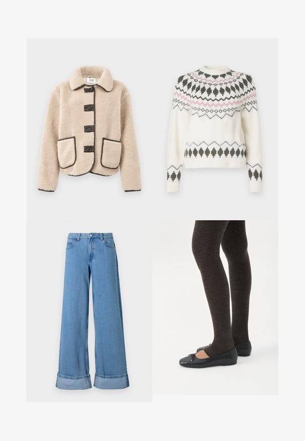 Beige faux fur jakke med krave, fem mørke knapper og to forlommer med mørk kant. Blød tekstur og struktureret form.; Hvid strikket sweater med sorte og pink geometriske mønstre over brystet, ærmerne og kanten, med rund halsudskæring og ribbede manchetter.; Lyseblå denim bukser med vide ben har høj talje, optrillede nederkanter, fem lommer og en knaplukning med lynlås.; Ben iført mørke ribbede leggings kombineret med sorte balletsko med små sløjfedetaljer på hvid baggrund.