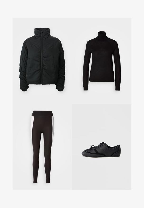 Sort polstret jakke med høj krave, lynlåslukning, lange ærmer og to frontlommer. Glat tekstur, kort design uden mønstre.; Sort turtleneck sweater lavet af et let strikket stof. Har lange ærmer og en tætsiddende silhuet med raglan-sømme.; Sorte leggings med bred talje, med hvide sideløsninger. Lavet af strækbart stof med en glat tekstur og en tætsiddende pasform.; Sort lavprofil snøresneaker med en glat og skinnende finish, minimal syning og en flad sål mod en ensfarvet baggrund.
