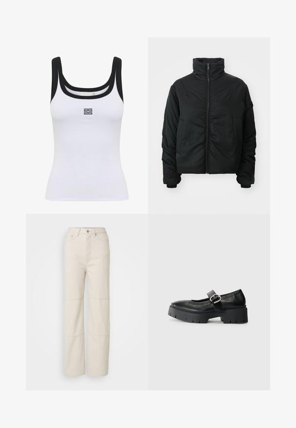 Sort polstret jakke med høj krave, lynlåslukning, lange ærmer og to frontlommer. Glat tekstur, kort design uden mønstre.; Hvid ribbet tanktop med scoop halsudskæring og sort kant. Et logo er centreret på fronten. Stoffet ser blødt og tætsiddende ud.; Lysebeige vide jeans lavet af bomuld. Har høj talje, frontlukning med knap og to vandrette søm accenter på benene.; Sorte læder Mary Jane sko med en chunky platform sål, rund tå og sidelukning. Glat tekstur med minimal syning.