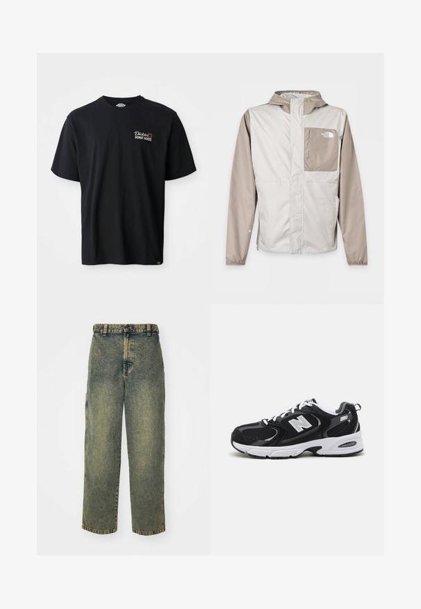 Beige und hellgraue Windbreaker-Jacke mit Kapuze, Brusttasche vorne mit The North Face-Logo und durchgehendem Frontreißverschluss.; Schwarzes Baumwoll-T-Shirt mit kurzen Ärmeln. Verfügt über ein gesticktes Logo "Dickies Donut House" im linken Brustbereich. Klassisches Rundhaldesign.; Baggy-Jeans aus Denim in einer verblassten Blauen und Grünen Waschung. Mit Knopfverschluss, Gürtelschlaufen und Seitentaschen. Flaches Vorderteil und gerades Bein-Design.; Schwarze und graue Sportschuhe mit Obermaterial aus Mesh und Wildleder, ausgestattet mit einer weißen Zwischensohle, Schnürsenkeln und einem markanten "N"-Logo an der Seite.
