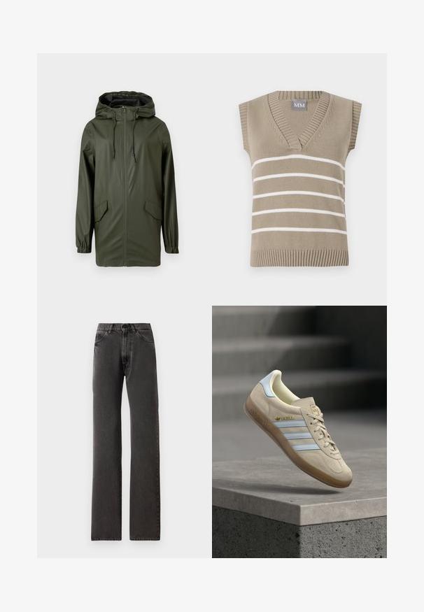 Grøn vandtæt regnjakke med hætte, frontlynlås, elastiske manchetter og to sidelommer. Glat tekstur og mellemlang design.; Beige ærmeløs strikket top med v-hals, der har vandrette hvide striber og ribbet kant. Etiketten ved halsen er mærket "MM".; Sorte straight-leg jeans med forlommer, bæltestropper, knaplukning og synlig syning på en hvid baggrund.; Beige ruskindssneaker med lyseblå striber, med en gum-sål, gyldent "Gazelle"-logo og klassisk snøredesign på en grå overflade.