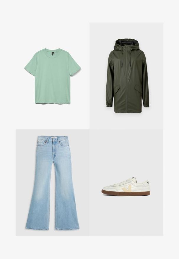 Grøn vandtæt regnjakke med hætte, frontlynlås, elastiske manchetter og to sidelommer. Glat tekstur og mellemlang design.; Simpel myntegrøn T-shirt med kortærmet rund hals, vist mod en lys grå baggrund.; Lysblå flagrende jeans med høj talje, lavet af denim. Har et klassisk fem-lomme design og en rå kant ved ærmerne.; Kremfarvet low-top sneaker med beige "V"-logo, syningsdetaljer, lysebrun sål og sort tekst på hæl og tungsiden.