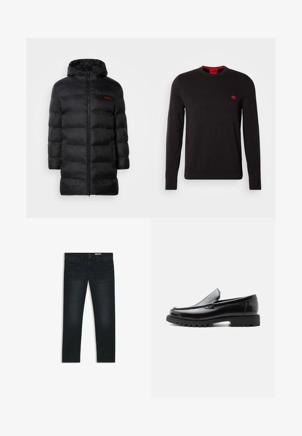 Sort pufferjakke med hætte, med en frontlynlås og horisontalt quiltet design. Rødt brandlogo synligt på venstre bryst.; Sort crewneck sweatshirt lavet af blødt stof, med lange ærmer, ribbede manchetter og et lille rødt logo-patch på brystet.; Mørke denim jeans med lige pasform, subtilt slid, fem lommer og orange syninger som accent på taljen.; Sort læderloafer med chunky gummisål, syet overdel og præget mærkenavn på hælen, vist i sideprofil på hvid baggrund.